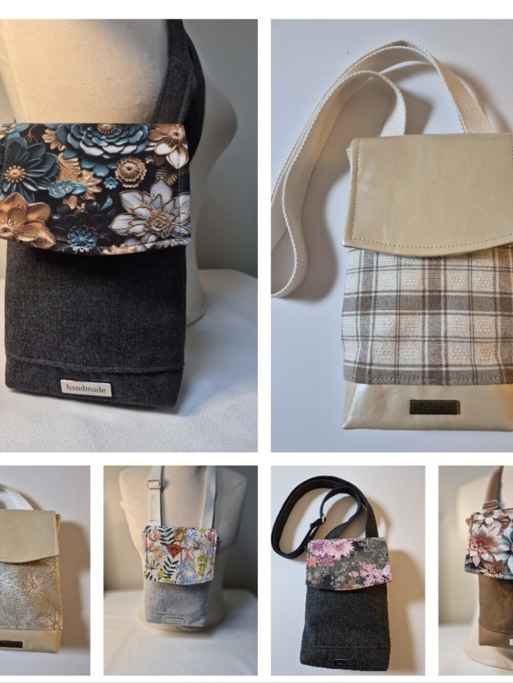Handmade Floral & Neutral Crossbody Bag - Beige, Black, Cream